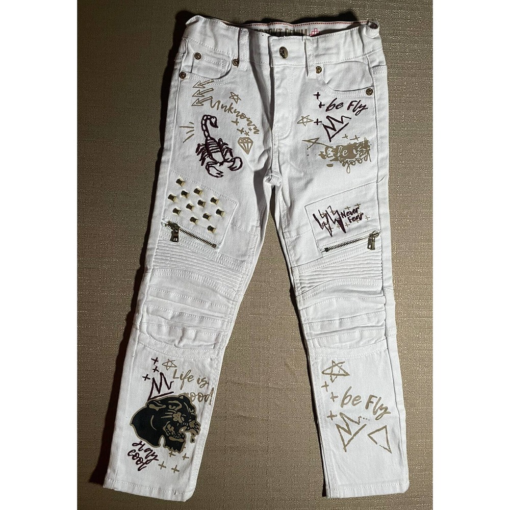 Dstrkt Denim Girls White Jeans Size 7-8 Embroidered All Over Be Fly Stay Cool